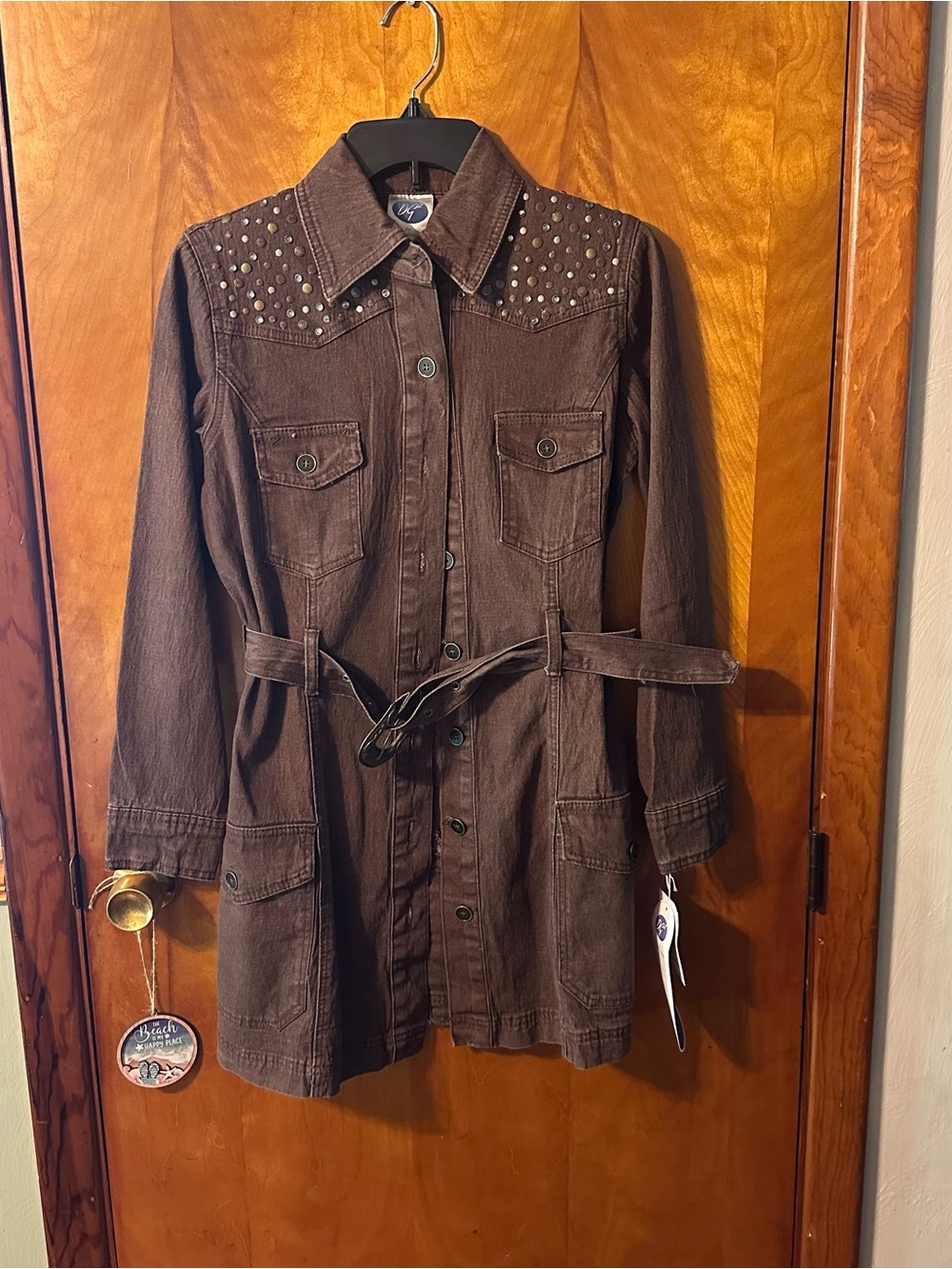 Diane Gilman Brown Studded Utility /western style dress with Belt NWT